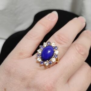 SALE! 14kt Solid Gold Lapis Jadeite & 7 Genuine Diamonds Vtg Statement Ring